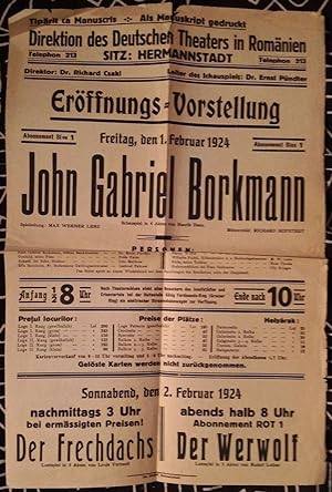 Theaterplakat zur Eröffnungsvorstellung von John Gabriel Borkmann. Schauspiel in 4 Akten von Henr...
