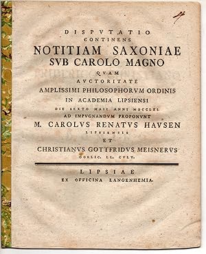 Bild des Verkufers fr Philosophische Disputation. De notitia Saxoniae sub Carolo Magno. zum Verkauf von Wissenschaftliches Antiquariat Kln Dr. Sebastian Peters UG