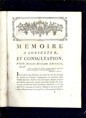 Image du vendeur pour [ AFFAIRE CARON DE BEAUMARCHAIS - M & Mme GOZMAN - Bertrand d'AIROLLES ] 2 documents : A NOSSEIGNEURS du PARLEMENT , LES CHAMBRES ASSEMBLES , Supplie Humblement Louis Franois Claude MARIN / MEMOIRE  CONSULTER , ET CONSULTATION , POUR Antoine Bertrand D'AIROLLES , ACCUS du 23 Novembre 1773 - EDITION ORIGINALE Grand Format IN-4 de 1773 mis en vente par LA FRANCE GALANTE