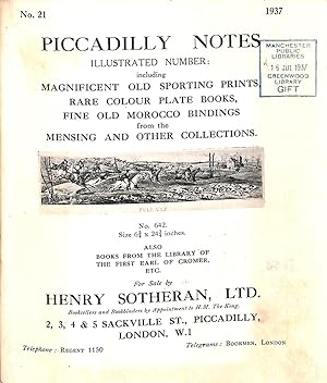 Bild des Verkufers fr Piccadilly Notes, no. 21: Magnificent Old Sporting Prints, Rare Colour Plate Books, Fine Old Morocco Bindings from the Mensing and Other Collections zum Verkauf von WeBuyBooks