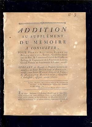 Seller image for [ AFFAIRE CARON DE BEAUMARCHAIS - M & Mme GOZMAN - Bertrand d'AIROLLES ] ADDITION au SUPPLMENT du MMOIRE  CONSULTER , POUR Pierre Augustin CARON DE BEAUMARCHAIS , ECUYER , CONSEILLER-SECRETAIRE du ROI .CAPITAINERIE de la VARENNE du LOUVRE , GRANDE VENERIE & FAUCONNERIE de FRANCE , ACCUS , servant de REPONSE  Madale GOEZMAN accuse , au Sieur Bertrand d'AIROLLES , MARTIN , D'ARNAUD BACULARD - CONSULTATION du 18 Dcembre 1773 - Grand Format IN-4 ( 1773 ) for sale by LA FRANCE GALANTE