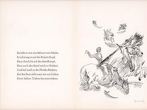 Bild des Verkufers fr Ohne Titel, Rotaprint-Zeichnung zu Ludwig Uhlands Ballade "Schwbische Kunde". Original Graphik, signiert auf Btten, Blattgre 40 x 29 cm zum Verkauf von ANTIQUARIAT Franke BRUDDENBOOKS