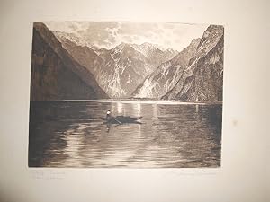 Königssee, Original Radierung um 1912. Im Vordergrund Fischerboot auf dem Königsee im Hintergrund...