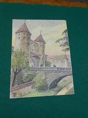 Nabburger Tor mit Stadtgraben; Amberg in der Oberpfalz. Original- Farb- Aquarell auf Malkarton au...