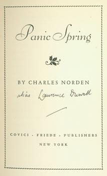 Imagen del vendedor de Panic Spring. Original First American Edition Signed by Durrell on title page, and signed inscription dedicated to Jeremy Mallinson on FFEP. a la venta por Wittenborn Art Books