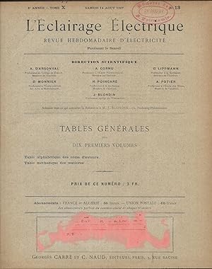L'Éclairage Électrique. Revue Hebdomadaire d'Électricité. Tables Générales des dix premiers Volum...