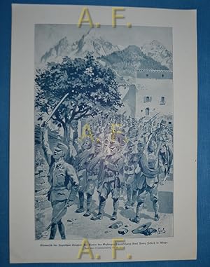 Bild des Verkufers fr Einmarsch der siegreichen Truppen der Armee des Erzherzog-Thronfolgers Karl Franz Joseph in Asiago. Nach einer Originalzeichnung von M. Ledeli. // Druck nach einem Holzschnitt aus: Allgemeine Kriegszeitung. Illustrierte Geschichte des Weltkrieges 1914/16. zum Verkauf von Antiquarische Fundgrube e.U.