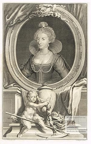 Anne of Denmark. Quenn of K. James I. Brustbild mit Perlenkette im Oval nach viertellinks. Großer...