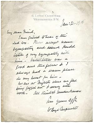 Imagen del vendedor de Two Autograph Letters Signed (both 'W Boyd Carpenter'), the first to Walter F. Stocks and the second to an unnamed male correspondent on the occasion of Stocks's death. a la venta por Richard M. Ford Ltd