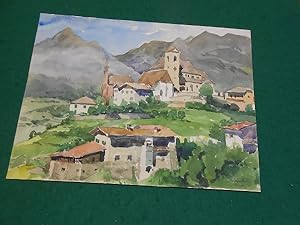 Ortschaft im Trentino- Südtirol. Original- Farb- Aquarelle aus dem Jahre 1955.