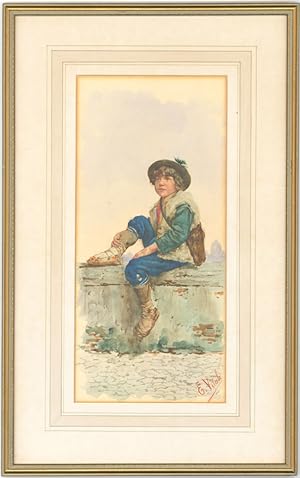 Eduard Vitali - Signed and Framed 19th Century Watercolour, Boy Sat on a Wall