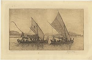 Antique Etching of Two Boats on a river in Indonesia by D. Homberg (c.1910)