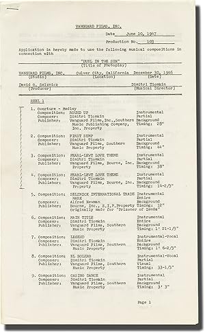 Imagen del vendedor de Duel in the Sun (Original Post-production Music Timing script for the 1946 film) a la venta por Royal Books, Inc., ABAA