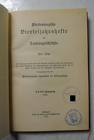 Imagen del vendedor de Wrttembergische Vierteljahreshefte fr Landesgeschichte. Neue Folge. XXVII. Jg. (1918). a la venta por Antiquariat Bookfarm