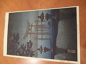 Original Japanese Color Woodblock, Temple Garden Scene