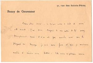 Carte-lettre autographe de Remy de Gourmont à Octave Uzanne. [sans date (hiver) 1913, 1914, ou 19...