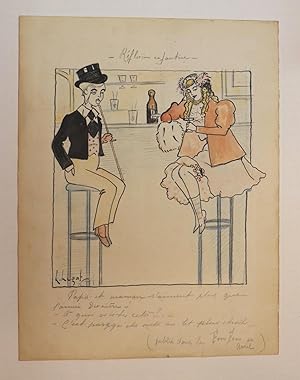 Dessin original signé jeunes filles au bar , Frou-Frou