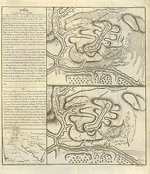 Bild des Verkufers fr Fig.1. - Feldschlacht bey Swanez am Dniester in welcher der Russische Feldmarschall Frst Galliezin am 29ten August 1769 mit 30.000 Russen den Sieg ber 160.000 von Gross Vezir Moldavangi Pascha angefhrte Trken erfochte' und Fig. 2. - Moldavangi Pascha wolte noch eine Feldschlacht auf der nmlichen Stelle liefern .':. zum Verkauf von Antiquariat Norbert Haas