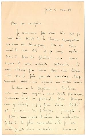 Lettre autographe de Remy de Gourmont à Octave Uzanne. Jeudi 22 novembre 1906