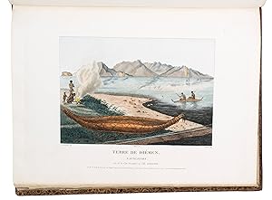 Image du vendeur pour Voyage de dcouvertes aux Terres Australes, fait par ordre du gouvernement, sur les corvettes le Gographe, le Naturaliste et la golette le Casuarina, pendant les annes 1800, 1801, 1802, 1803 et 1804; historique.Paris, (printed by Lebel for) Arthus Bertrand, 1824. 4 text volumes (8vo) and 1 atlas volume (folio). With lithographed portrait of Franois Pron; the atlas with engraved title-page and 68 (27 hand-coloured) lithographed plates, maps and charts, including a double-page map of Australia. Contemporary gold-tooled red half sheepskin. mis en vente par Antiquariaat FORUM BV