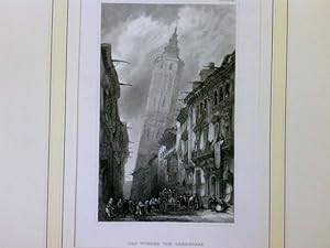 Das Wunder von Saragossa, dekorative Ansicht des schiefen Turmes am Ende einer Straße. Der "schie...