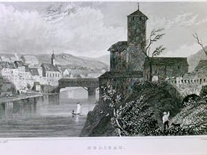 Eglisau, Kanton Zürich, Schweiz, schöne Ansicht von Westen mit der alten, hölzernen Rheinbrücke. ...