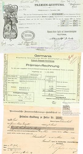 Kleines Konvolut von 3 Prämienrechnungen und Prämienquittungen deutscher Versicherungen 1885 bis ...