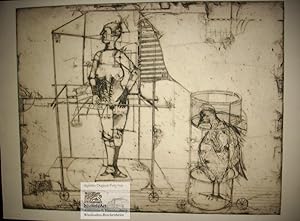 Oczekiwanie. Big bird in a cage awaiting the appearance of its domina in corslet with helmet and ...