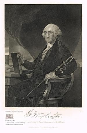 Bild des Verkufers fr George Washington. Halbfigur mit Degen an seinem Schreibtisch sitzend, ein Buch in der Hand haltend. Stahlstich nach dem Gemlde von Chappel um 1860 zum Verkauf von historicArt Antiquariat & Kunsthandlung