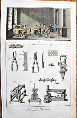 Antique Copperplate Engraving. Needle and Cap Makers. Aiguiller-Bonnetier