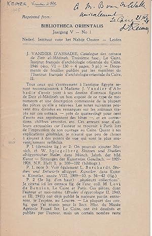 Image du vendeur pour J. Vandier d'Abbadie: Catalogue des ostraca de Deir el-Mdineh." [BOOK REVIEW]. (Bibliotheca Orientalis). mis en vente par Librarium of The Hague