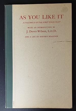 Bild des Verkufers fr As You Like It A Facsimile of the First Folio Text and A List of Modern Readings zum Verkauf von K. L. Givens Books