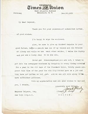 TYPED LETTER SIGNED BY JOSEPH J. EARLY, PUBLISHER OF THE BROOKLYN TIMES UNION, SENDING HIS AUTOGR...
