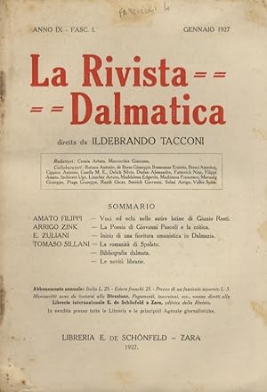 Rivista (La) Dalmatica. Diretta da Ildebrando Tacconi. Anno IX. Fasc. I, gennaio 1927; II, giugno...