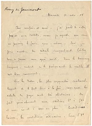 Lettre autographe de Remy de Gourmont à Octave Uzanne. [Paris?] le mercredi 18 novembre 1908.