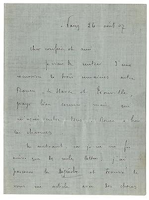 Lettre autographe de Remy de Gourmont à Octave Uzanne. Paris le 26 août 1907. Octave Uzanne en fo...