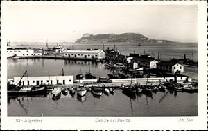 Bild des Verkufers fr Ansichtskarte / Postkarte Algeciras Andalusien, Detalle del Puerto, Blick auf den Hafen, Lagerhuser, Boote zum Verkauf von akpool GmbH