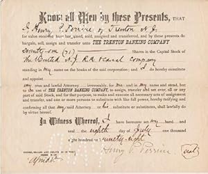 Seller image for PRINTED TRANSFER OF 71 SHARES IN THE UNITED N.J. R.R. & CANAL COMPANY FROM HENRY P. PERRINE OF TRENTON, NJ TO THE TRENTON BANKING COMPANY AS HIS ATTORNEY, 8 JULY 1898 for sale by R & A Petrilla, IOBA