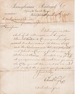 1884 HANDWRITTEN LETTER (ALS) FROM CHARLES E. PUGH, GENERAL MANAGER OF THE PENNSYLVANIA RR, TO GE...