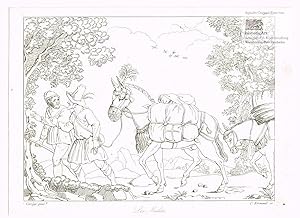 Seller image for Les Mulets. Beladene Maultiere mit Treibern. Kupferstich von Normand nach Correggio um 1820 for sale by historicArt Antiquariat & Kunsthandlung