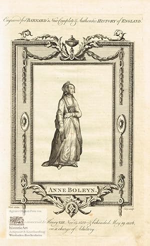 Anne Boleyn. Ganzfigur in Kleid mit Kopfhaube. Kupferstich von Cary nach Wale 1782