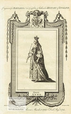 Queen Anne. Ganzfigur mit Krone und Zepter. Kupferstich von Grainger nach Wale 1782