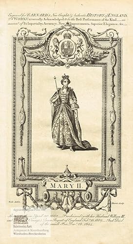 Mary II. Ganzfigur mit Krone und Zepter. Kupferstich von Morris nach Wale 1782