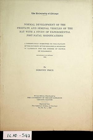 Bild des Verkufers fr Normal development of the prostate and seminal vesicles of the rat with a study of experimental post-natal modifications. ( reprinted from THE AMERICAN JOURNAL OF ANATOMY, Vol. 60, No. 1, 1936) zum Verkauf von ANTIQUARIAT.WIEN Fine Books & Prints