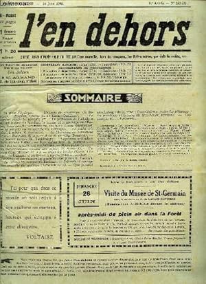 Image du vendeur pour L'EN DEHORS - N232-233 - 15 juin 1932 / L'envers du printemps / Le probleme de l'adultere devant la cour de bombay, la femme et le mariage en albanie, L'Aristocratie republicaine, un beau drame passionnel etc. mis en vente par Le-Livre