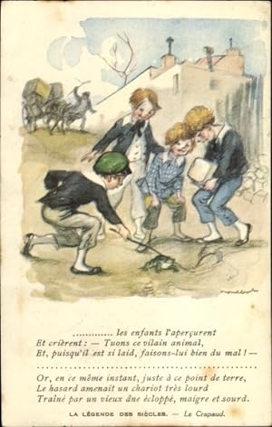 Künstler Ansichtskarte / Postkarte Poulbot, F., Le Crapaud, Jungen ärgern Kröte mit einem Stock, ...