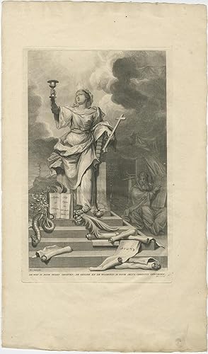 Bild des Verkufers fr Antique Religious Print illustrating the Law given by Moses (.) by P. van Gunst (c.1730) zum Verkauf von Bartele Gallery - The Netherlands