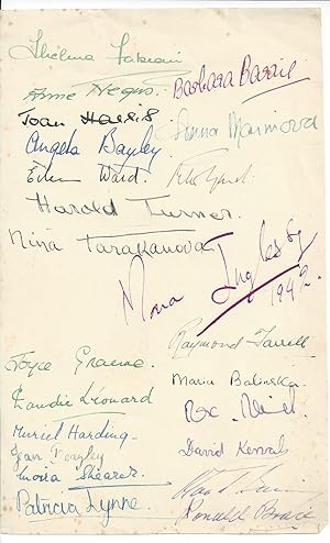 Bild des Verkufers fr [ Mona Inglesby and International Ballet. ] Autograph Signatures of Inglesby and 23 members of her International Ballet troupe, including Moira Shearer, Nina Tarakanova, Claudie Lonard Algeranova, Anna Marinova, Joyce Graeme, Rex Reid, Jean Harris. zum Verkauf von Richard M. Ford Ltd