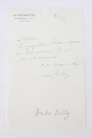 Lettre autographe signée de André Billy