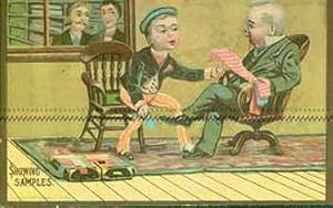 Showing Samples. Trade Card with illustration of young salesman showing samples to an older man.